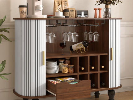 Fluted Liquor & Coffee Bar Cabinet With 6 Wine Racks And 3 Glass Holders