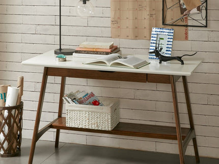 Parker - Desk With Storage Shelf - Off White / Pecan