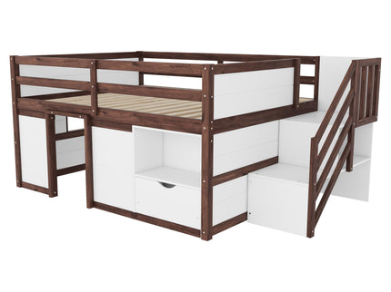 Low Loft Bed Frame With Built In Stairs, Storage Drawer, Shelf And 7 Color LED Light