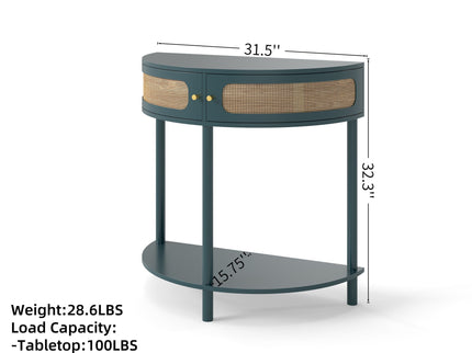 Boho Rattan Semi Circle End Table With Sliding Rattan Door, Storage And Bottom Shelf