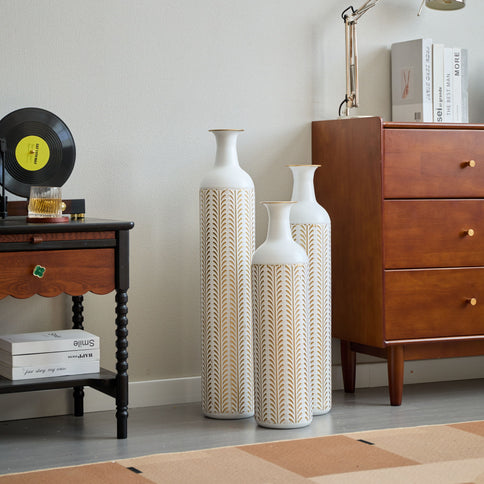 Floor Metal Vase Modern Style Decoration Home Metal Vase 3 Piece Set Gorgeous Home Decoration Large Glazed Metal Vase - Gold / White