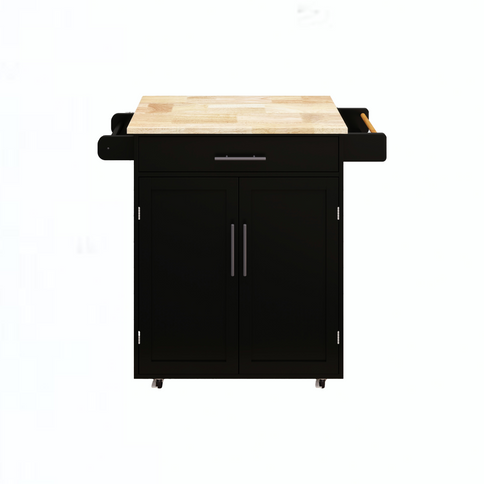 Black Kitchen Island Cart with 1 Drawer, 2-Door Cabinet & Adjustable Shelving – Solid Rubberwood Countertop