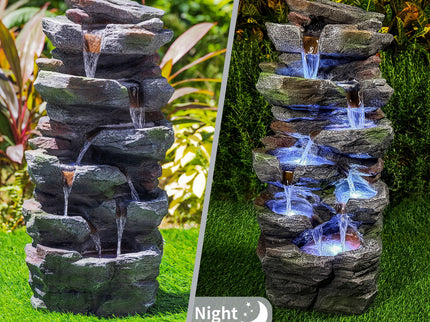Rock Waterfall Outdoor Fountain With LED Lights - Gray