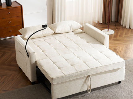 Pull-Out Sleeper Sofa With Reversible Backrest Cushion, Side Pockets, 2 USB Ports And A Phone Holder For Living Room
