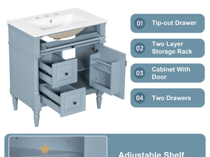Modern Bathroom Vanity With Sink, Freestanding Cabinet With Flip Drawer & Adjustable Shelf