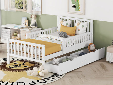 Platform Bed With Guardrails On Both Sides And 2 Storage Drawers