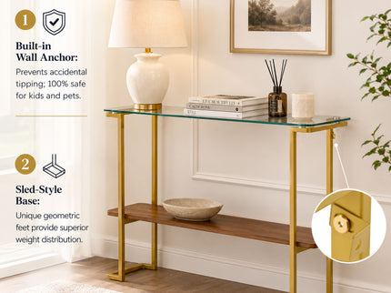 Console Table With Shelf, 2 Tier Living Room - Gold / Walnut