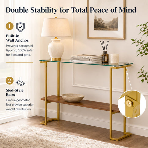 Console Table With Shelf, 2 Tier Living Room - Gold / Walnut