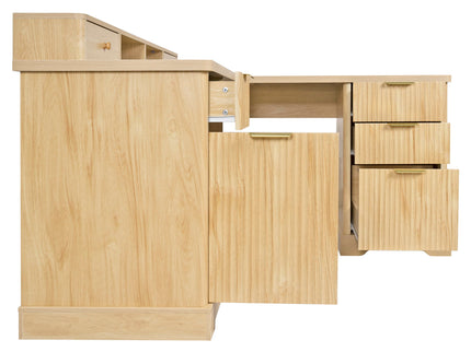 Fluted L-Shaped Desk With Charging Station & Storage Cabinet