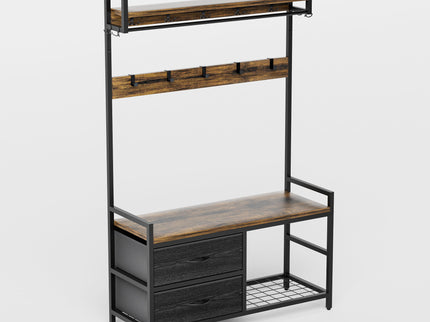 Hall Tree With 2 Movable Drawers, Shoe Storage, Shelves, Garment Racks, And 23 Hooks For Entryway - Rustic Brown