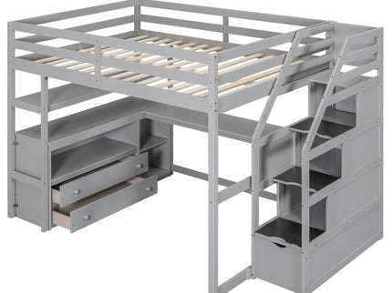Loft Bed With Desk, Shelves, 2 Drawers, Storage Staircase