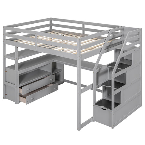 Loft Bed With Desk, Shelves, 2 Drawers, Storage Staircase