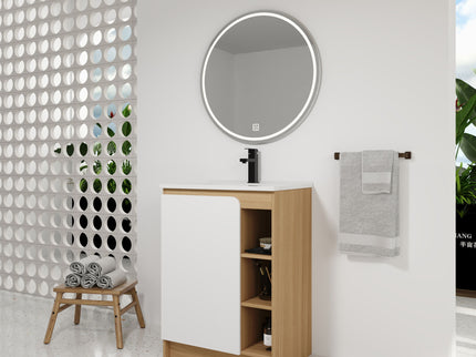 Freestanding Bathroom Vanity With Thin Rim Sink, Single Door With 4 Tier Open Shelves - Light Oak / White