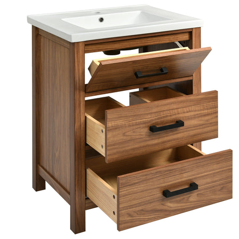 24'' Bathroom Vanity With Basin Sink, 3 Drawer Storage Cabinet - Natural Wood