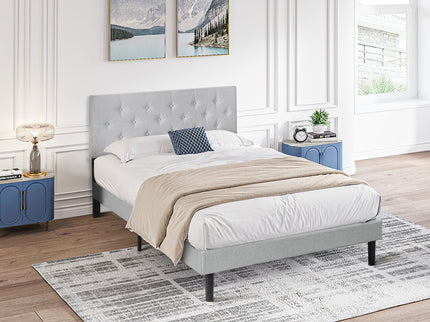 Modern Upholstered Platform Bed Frame With Button Tufted Fabric Headboard