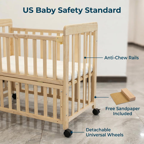 Portable Bedside Bassinet With 3 Adjustable Heights, Mini Crib For Newborns - Natural Wood