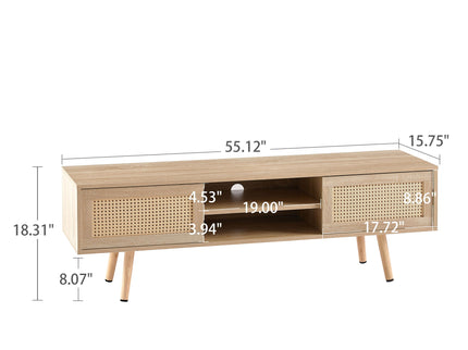 55.12" Rattan TV Cabinet, Double Sliding Doors For Storage, Adjustable Shelf, Solid Wood Legs, TV Console For Living Room