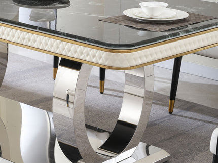 Luxury Modern Dining Table With Faux Marble Top And Dual Circle Base - Black