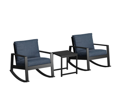 Outdoor Rocking Bistro Set Of 3, Oversized Rocking Chairs With Cushions And Side Table - Black / Blue