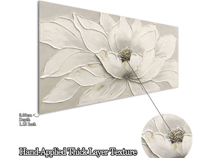 Lotus Flower Canvas Wall Art, Hand Painted Textured Floral Painting - Antique White