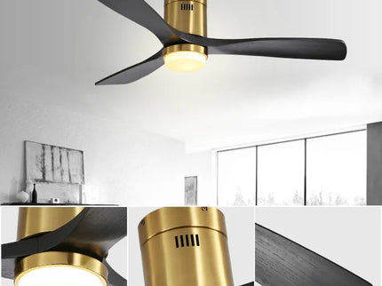 Flush Mount Ceiling Fan With 3 Solid Wood Blades Remote Control Reversible DC Motor For Living Room - Gold