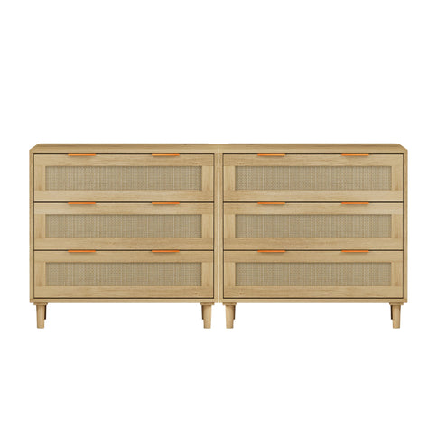 3 Drawers Rattan Storage Cabinet Rattan Drawer, For Bedroom, Living Room, Dining Room, Hallways (Set of 2) - Oak