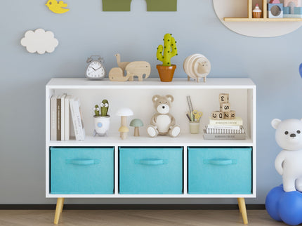 Bookcase With Collapsible Drawers, Book Display Storage Cabinet Organizer - White / Blue