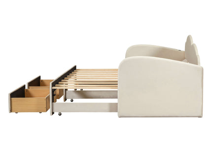 Upholstered Daybed With Cloud-Shaped Backrest, Trundle & 2 Drawers And USB Ports