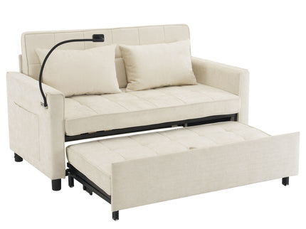 Pull-Out Sleeper Sofa With Reversible Backrest Cushion, Side Pockets, 2 USB Ports And A Phone Holder For Living Room