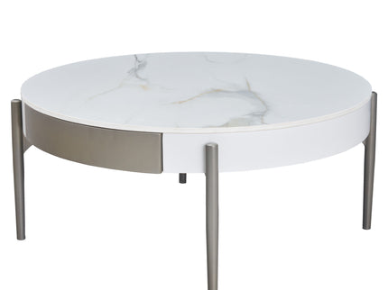 Modern Round Coffee Table With Storage Drawers Handcrafted Ceramic Inlay Tabletop 2 Tone Wood Legs Scandinavian Living Room Center Table - White / Gray
