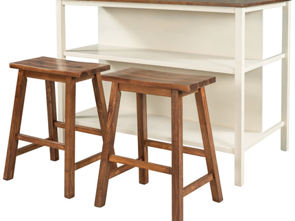 Rustic 3 Piece Stationary Kitchen Island Set With 2 Seatings, With 2 Open Shelves