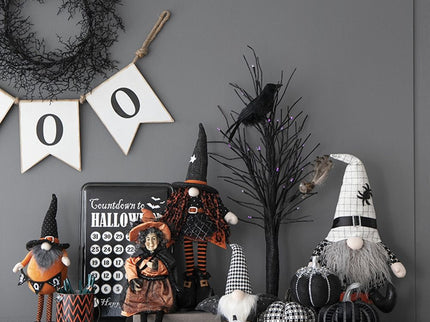 Standing Gnome With Banner & Spring Body, For Halloween Decor - Black / Orange / White