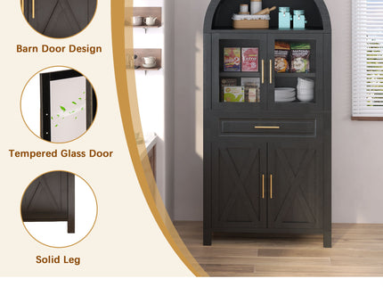 Arched Kitchen Pantry Cabinet With Adjustable Shelves And Barn Door Design