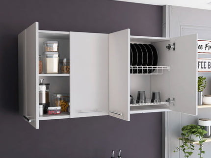 Wall Cabinet Four Doors, With Two Internal Shelves And Internal Plate And Glass Organizer - White