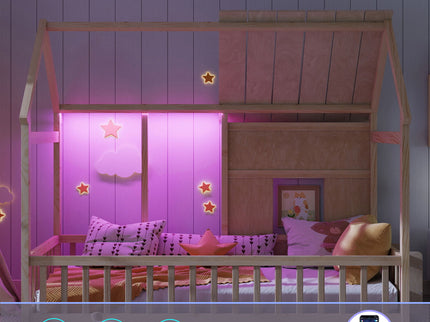House Floor Bed With 7 Color LED Light, Built In Bookshelf