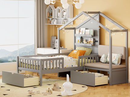 House Bed With Upholstered Sofa, Wireless Charging Station, Shelves And 2 Drawers