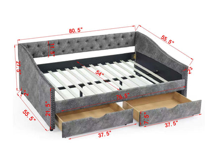 Full Size Upholstered Daybed With Tufted Back And Nail Trimmed Waved Arms - Dark Gray