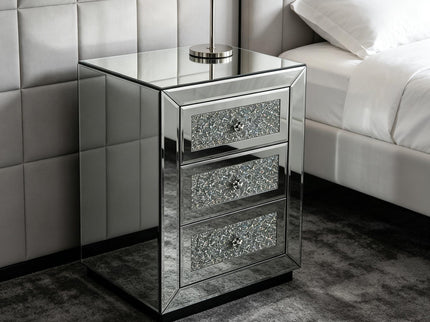 3 Drawer Nightstand With Glass Accents, Bedside Table For Bedroom - Silver