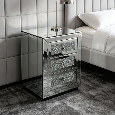 3 Drawer Nightstand With Glass Accents, Bedside Table For Bedroom - Silver