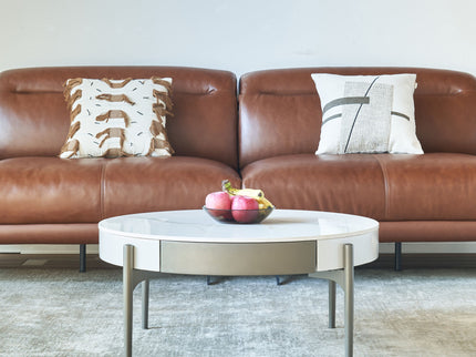 Modern Round Coffee Table With Storage Drawers Handcrafted Ceramic Inlay Tabletop 2 Tone Wood Legs Scandinavian Living Room Center Table - White / Gray