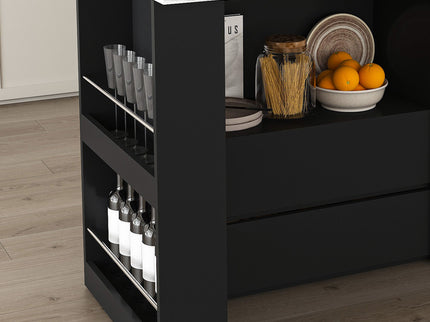 Kitchen Island With Extendable Rotating Table, 4 Drawers & Glass Door Cabinets, Built In Socket - Black