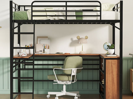 Full Size Loft Bed With 3 Layers Of Shelves And L-Shaped Desk - Black