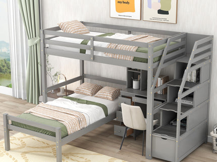 Loft Bed With Stand Alone Bed, Storage Staircase, Desk, Shelves, And Drawers