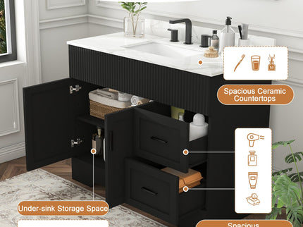 Bathroom Vanity Set, Fluted Cabinet, 3 Faucet Holes, Sink Included - Black