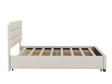 Queen Platform Bed With Twin Trundle And 2 Storage Drawers - Beige