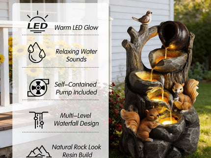 Outdoor Squirrel, Tiered Waterfall Fountain With LED Light For Patio - Gray