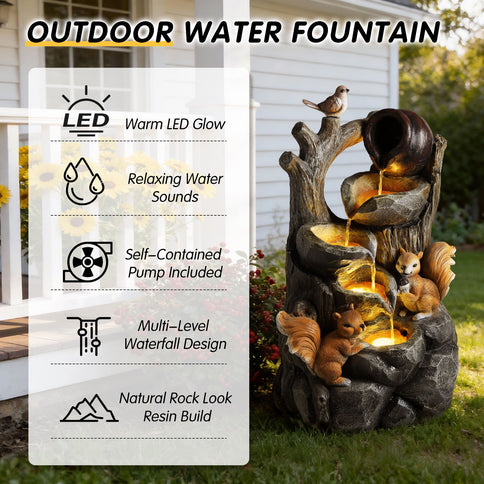 Outdoor Squirrel, Tiered Waterfall Fountain With LED Light For Patio - Gray