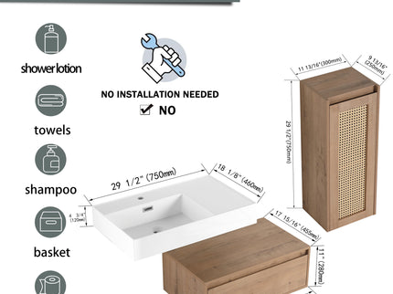 Modern Imitative Wall Mounted Bathroom Vanity With Resin Sink And Side Cabinet