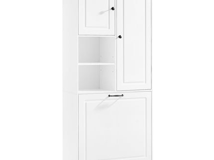 Modern Tall Storage Cabinet With Adjustable Shelves, Flip-Out Basket & Enclosed Doors