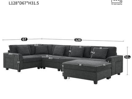 U Shaped Sectional Sofa 6 Seat Couch Set With Oversized Ottoman, Hidden Armrest Storage And Cup Holders USB Charging Ports Wide Seat Sofa
